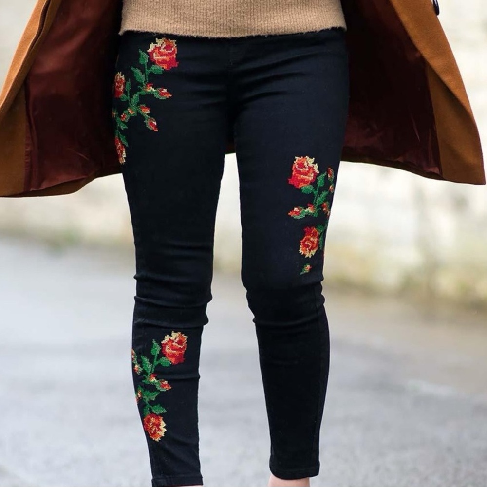 Topshop Moto‎ Jamie Skinny Jeans Black Rose Embroidered High Rise W30 L30